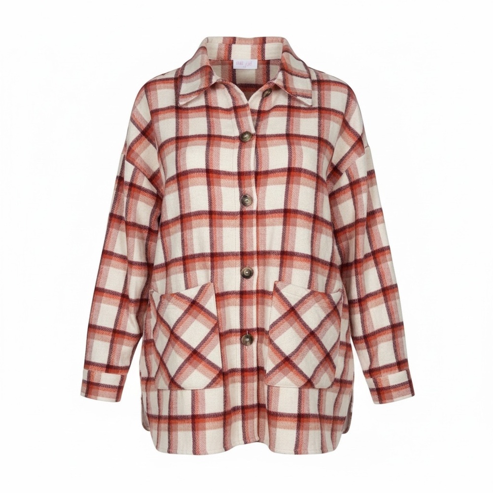 Cream Burgundy Plaid Shacket Flannel Button Front Long Sleeve Medium Streetwear